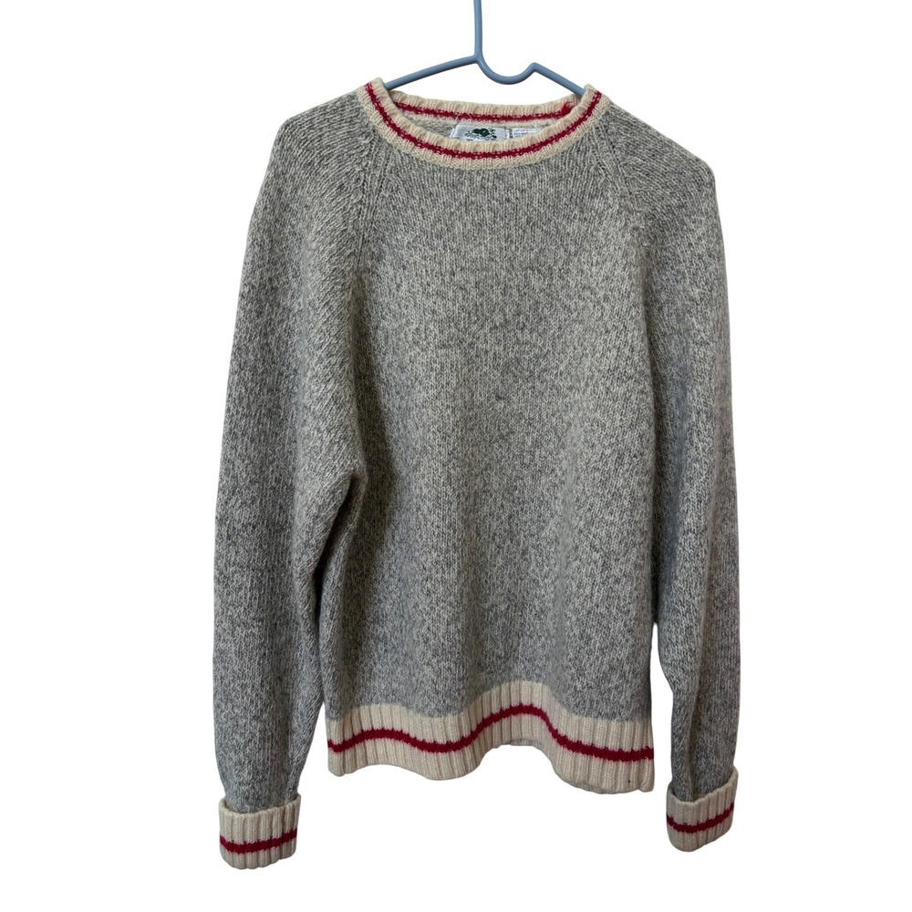 Vintage Roots Wool Blend Grey Marl Crewneck Sweater Red Stripe Trim XL Mens